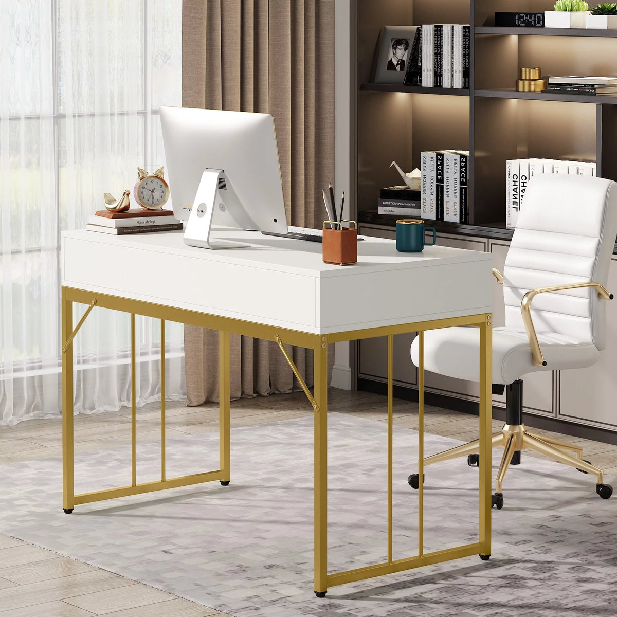 White and Gold Computer Writing Desk with 2 Drawers X626215