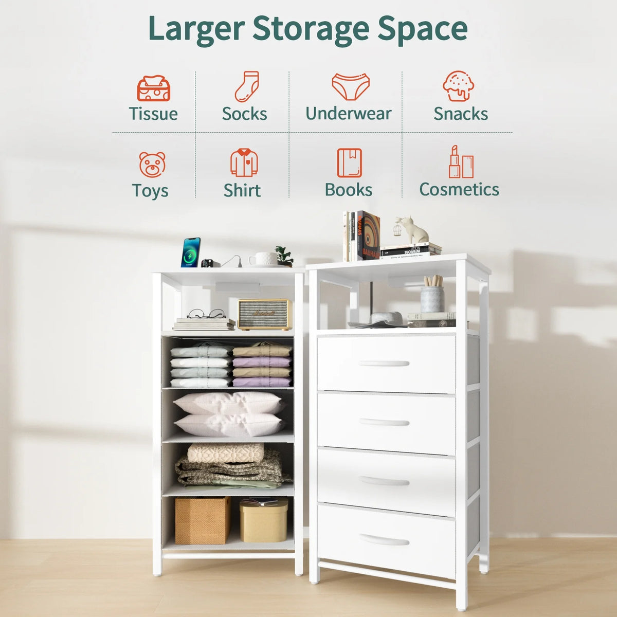 Night Stand with Charging Station, 4 Fabric Drawers and Storage Shelf Y69420