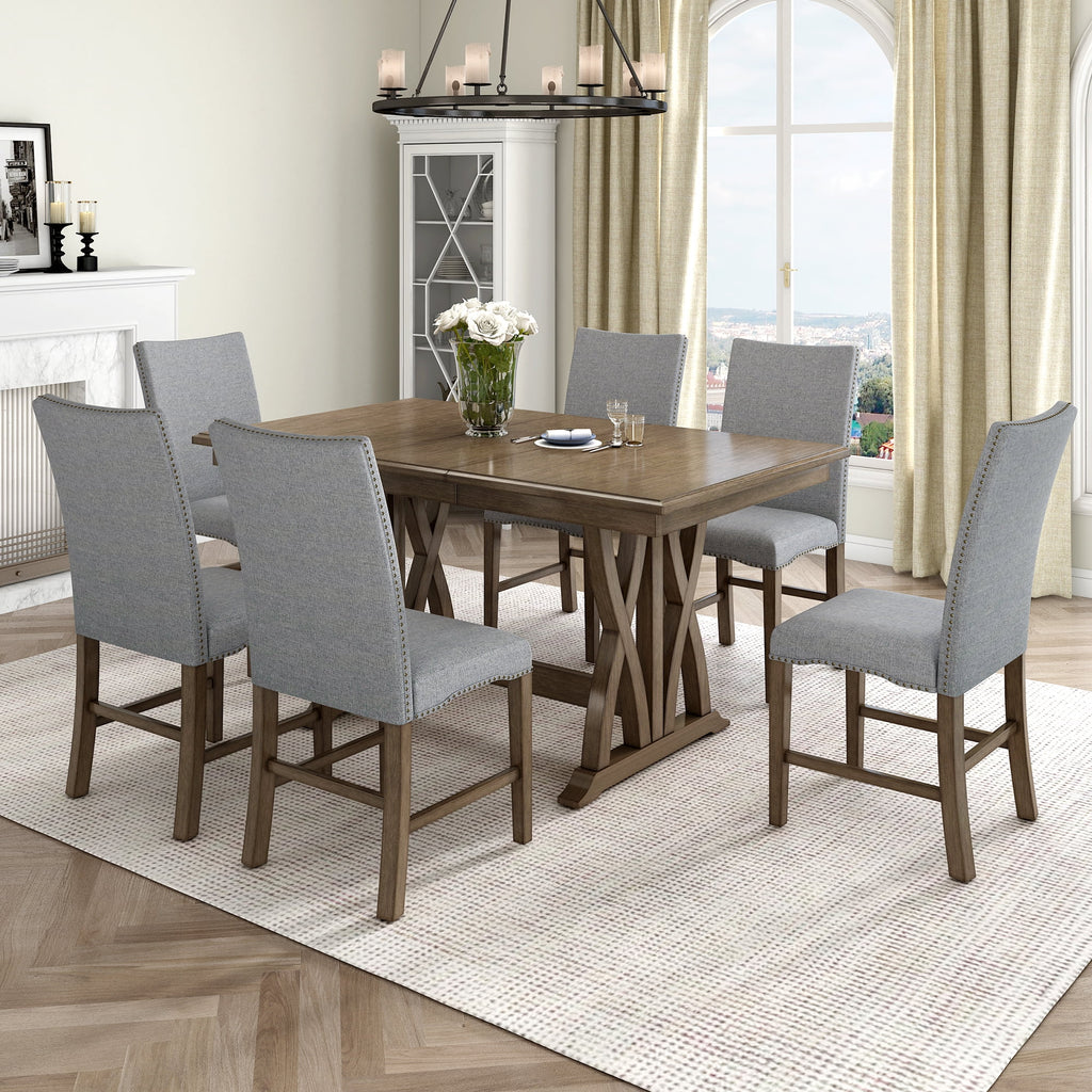 Solid Wood 7-Piece Extendable Dining Table Set with Upholstered Chairs T9174