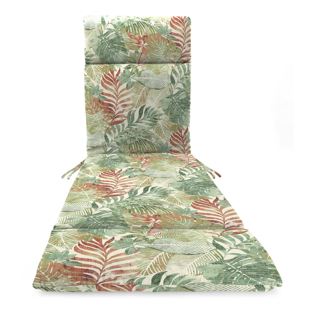 Almond Green Leaves Rectangular Outdoor Chaise Lounge Cushion with Ties O3632