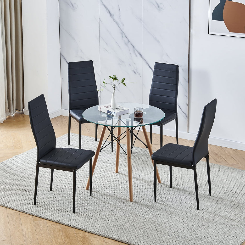 Set of 5 Round Glass Dining Table 32" with Wood Legs B7677