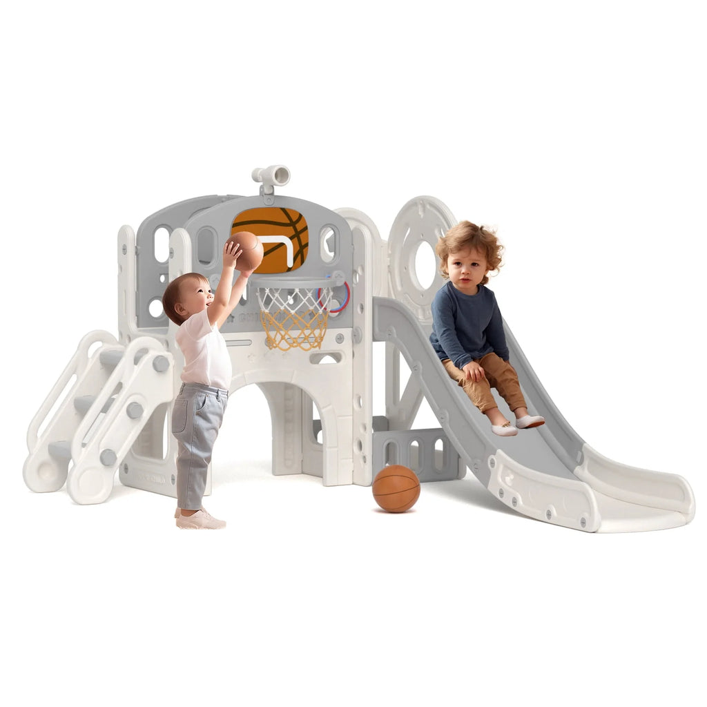 9 in 1 Toddler Slide with Ring Toss, Basketball Hoop, and Telescope, Gray S233