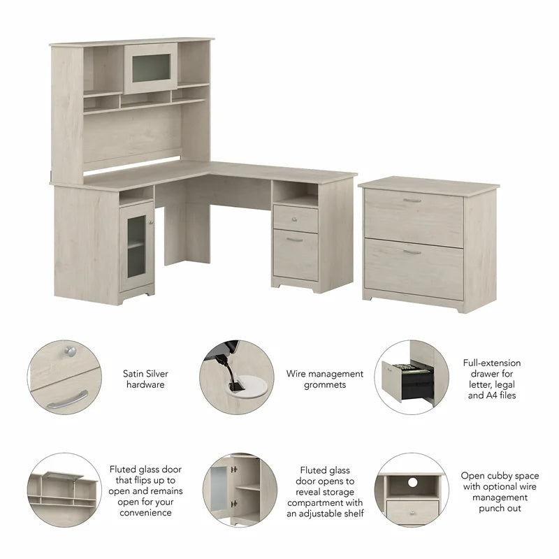 Linen White Oak L Desk with Hutch and File Cabinet O1395
