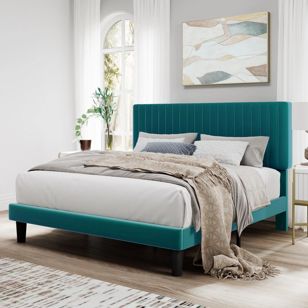 Pink Queen Size Upholstered Platform Bed Frame with Velvet Headboard J1004