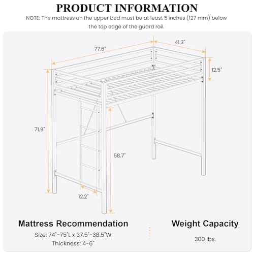 Twin Size Black Metal Loft Bed with Ladder and Guardrail A474