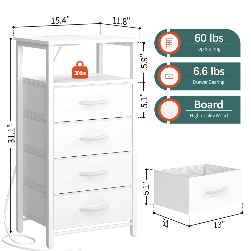 Night Stand with Charging Station, 4 Fabric Drawers and Storage Shelf Y69420