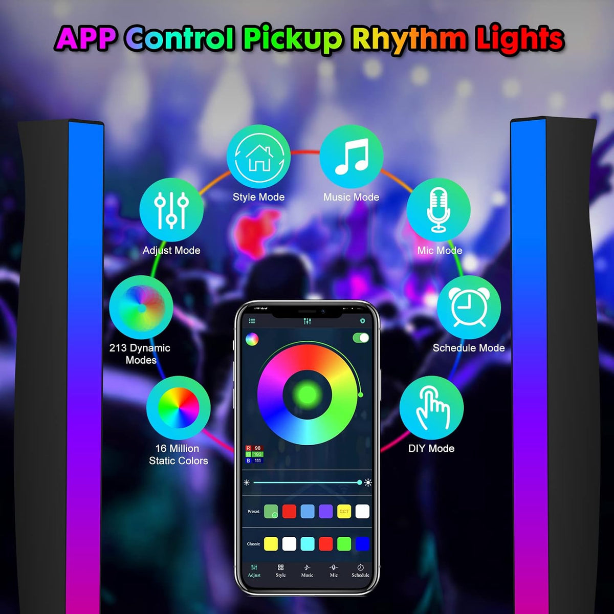 Battery Powered RGB Sound Control Rhythm Light Bar 2Pcs I611