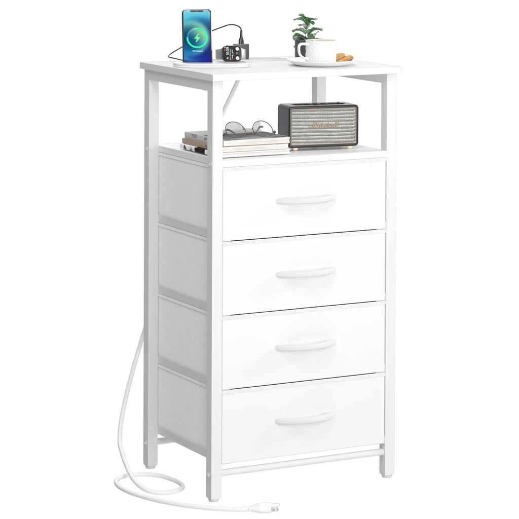 Night Stand with Charging Station, 4 Fabric Drawers and Storage Shelf Y69420