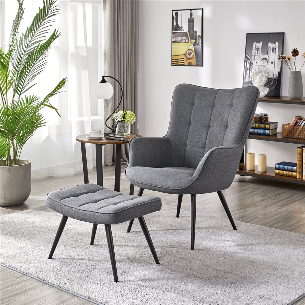 Gray Fabric Wingback Accent Chair with Ottoman D56254