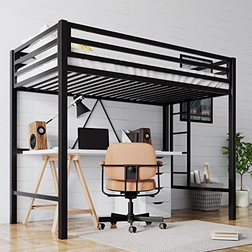 Twin Size Black Metal Loft Bed with Ladder and Guardrail A474