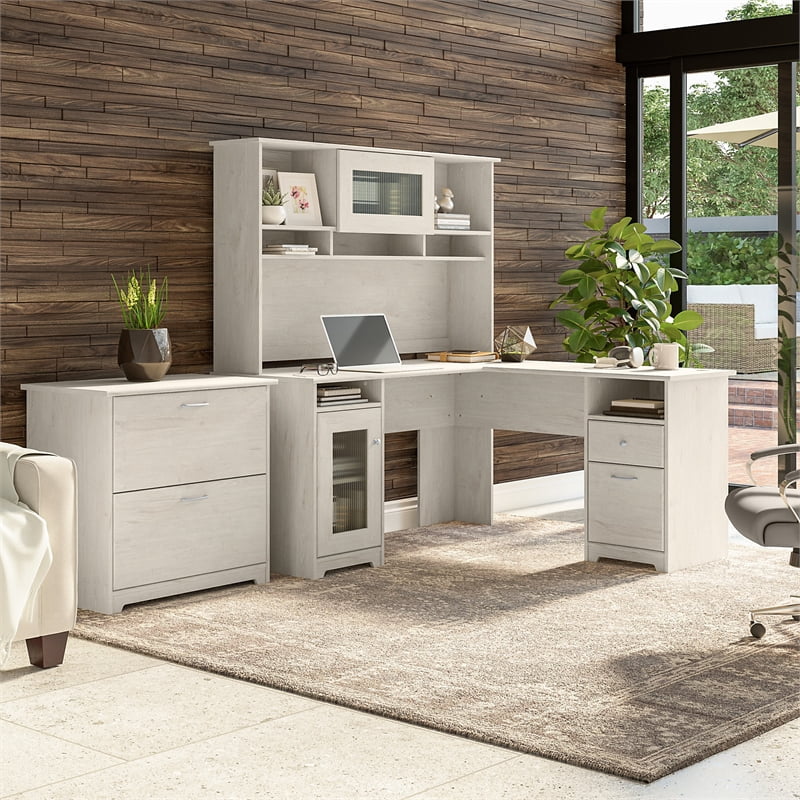 Linen White Oak L Desk with Hutch and File Cabinet O1395