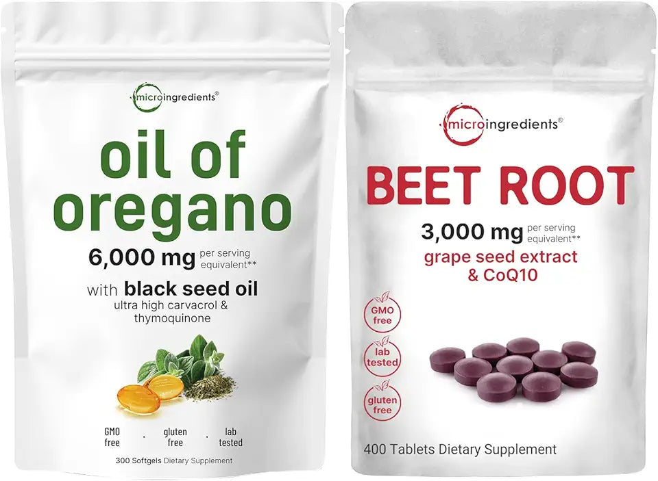 Oil of Oregano 6,000mg Softgels & Beet Root 3,000mg Tablets Bundle Pack L1410