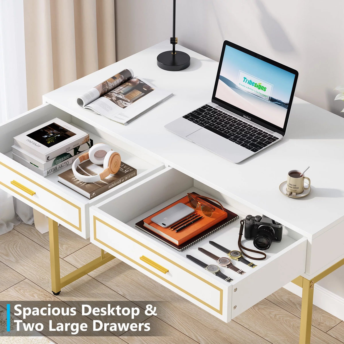 White and Gold Computer Writing Desk with 2 Drawers X626215