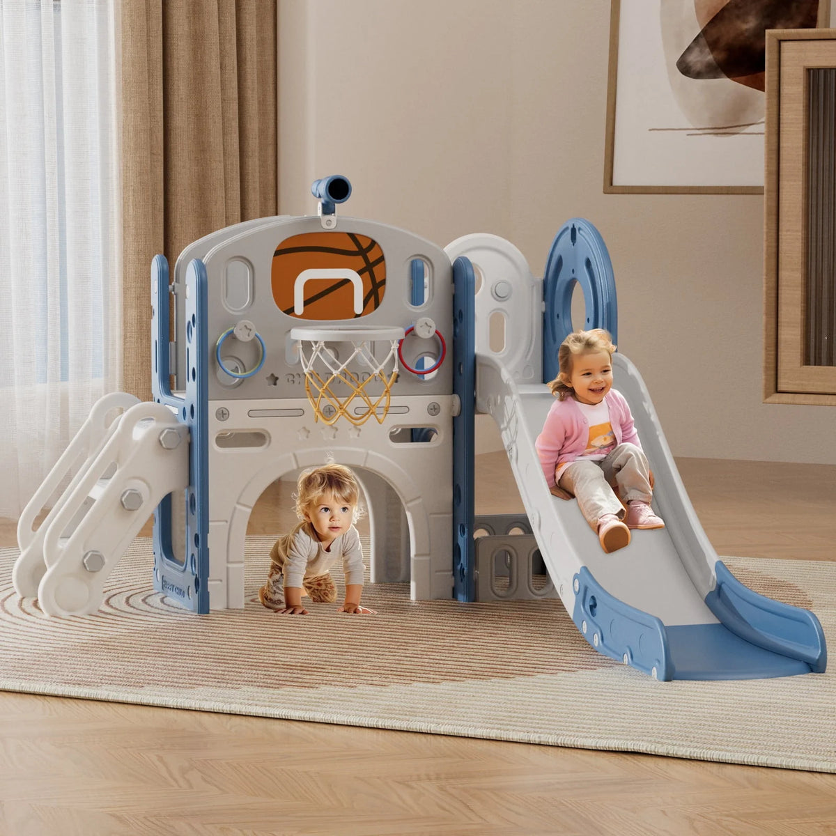 9 in 1 Toddler Slide with Ring Toss, Basketball Hoop, and Telescope, Gray S233