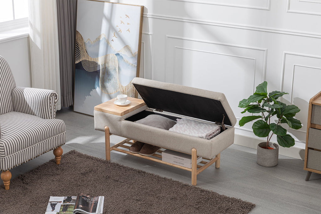 Beige Linen Storage Bench with Shoe Rack E948