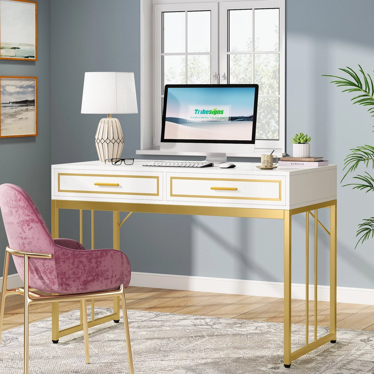 White and Gold Computer Writing Desk with 2 Drawers X626215