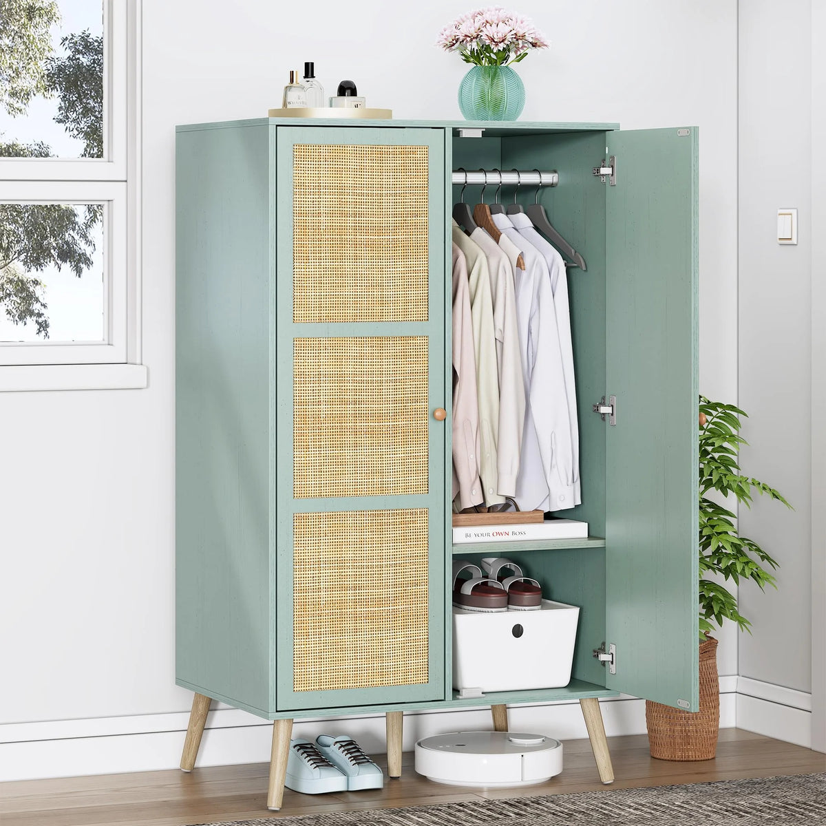 55" Wood Armoire Wardrobe Closet with Rattan Doors L37875