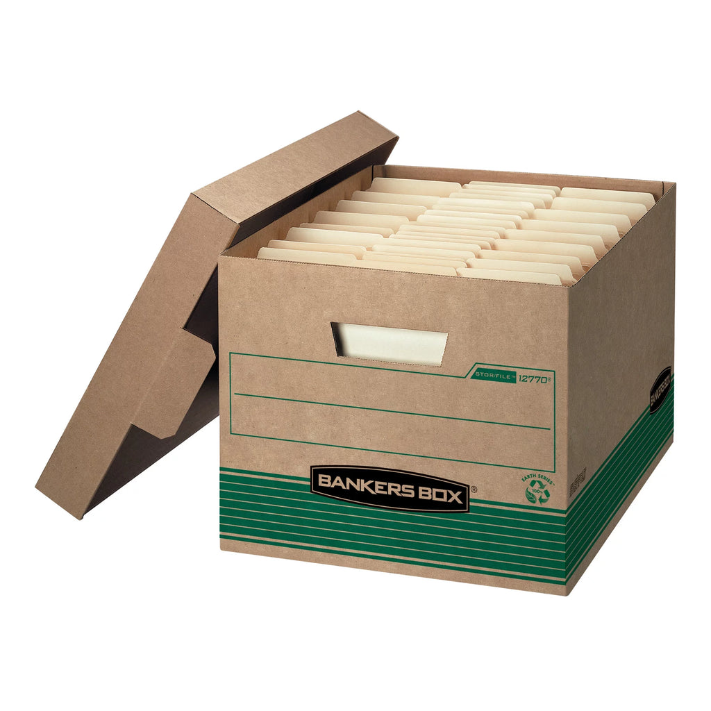 Medium-Duty Storage Boxes With Locking Lift-Off Lids And Built-In Handles, Letter/Legal Size, Kraft/Green, Case Of 12 S26167