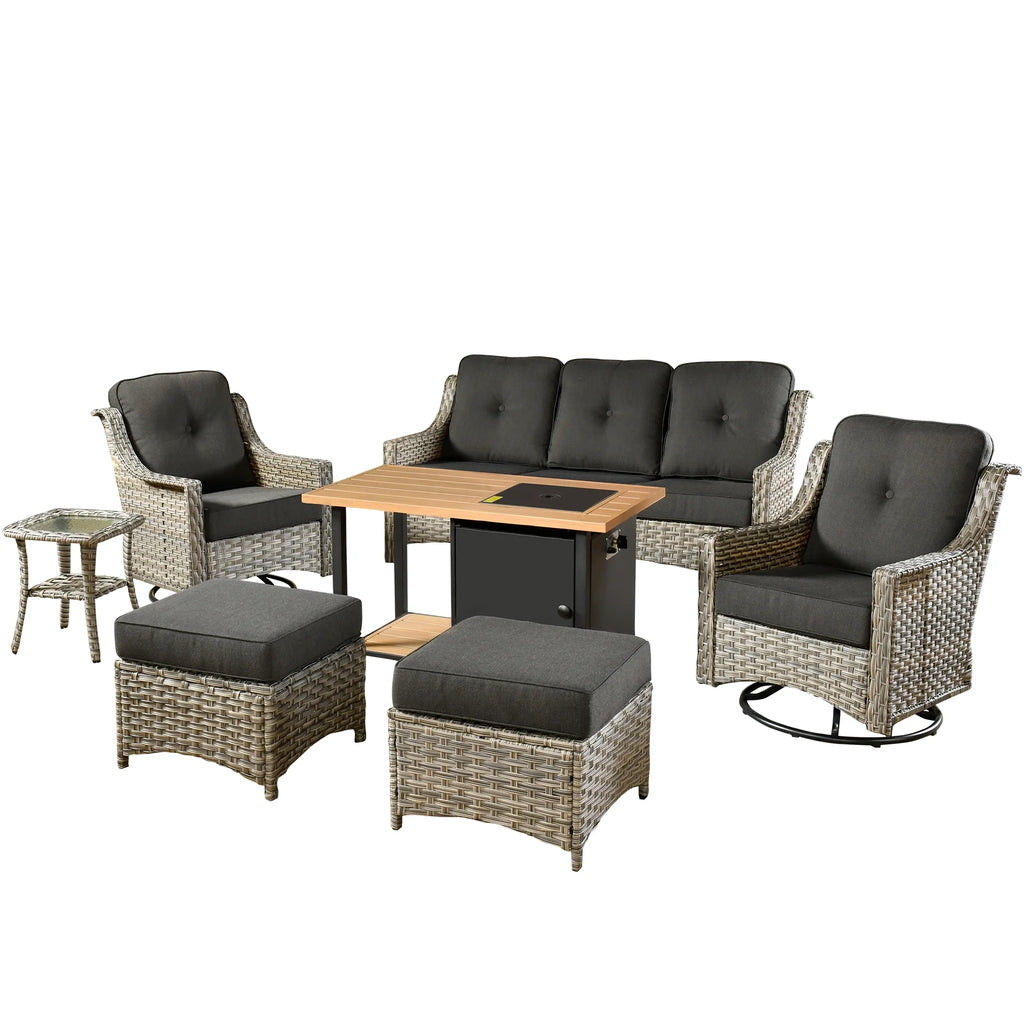 7 Pieces All Weather Wicker Patio Furniture with Fire Pit T846611