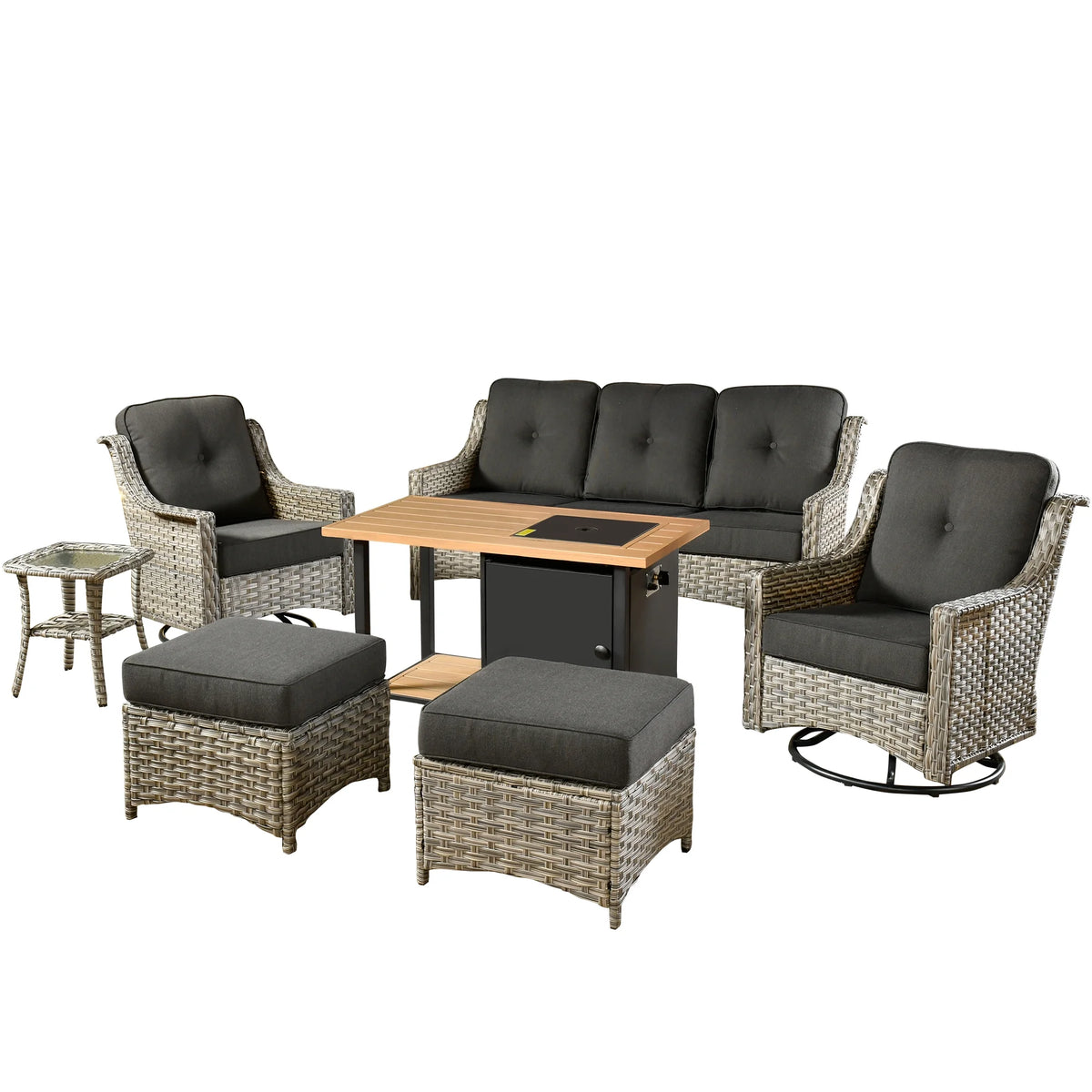 7 Pieces All Weather Wicker Patio Furniture with Fire Pit T846611