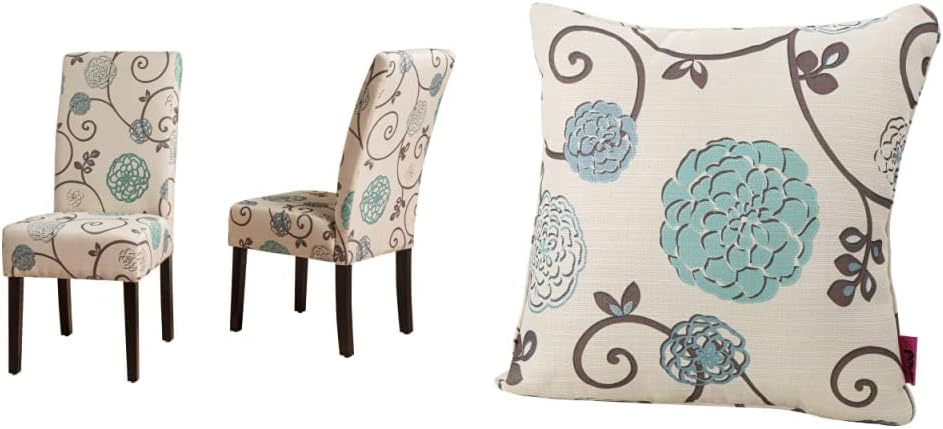 White and Blue Floral Fabric Dining Chairs 2 Pcs Set W9584