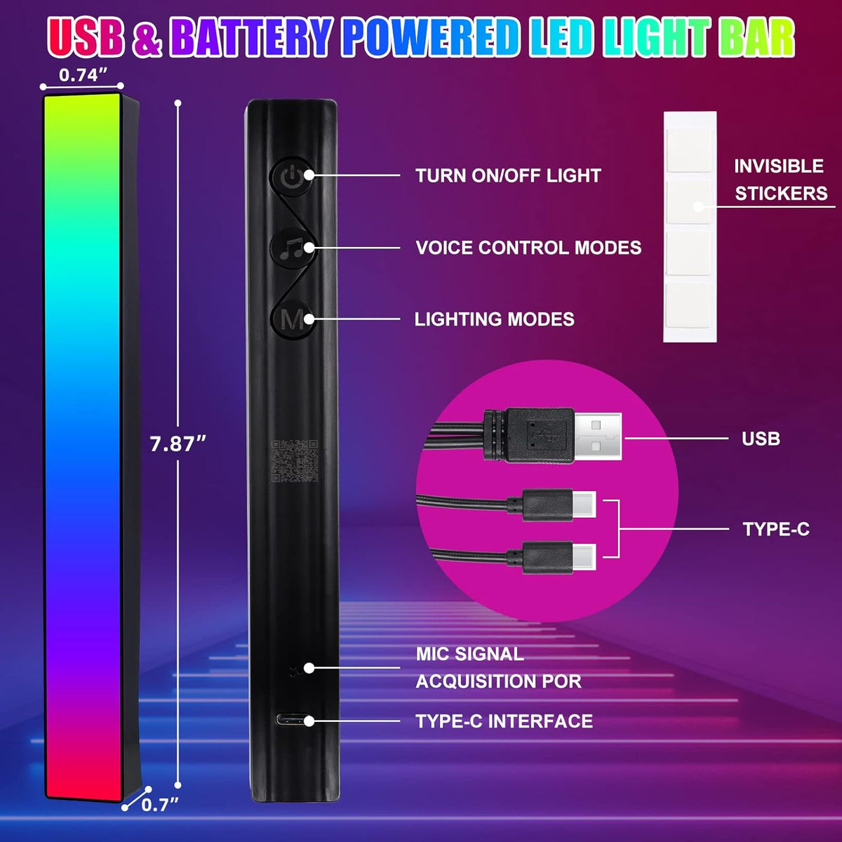 Battery Powered RGB Sound Control Rhythm Light Bar 2Pcs I611