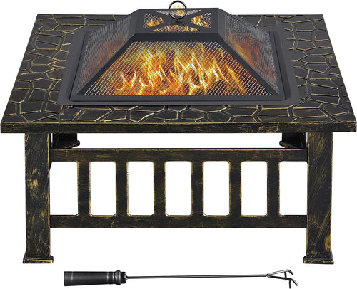 32in Wood Burning Square Fire Pit with Cover, Spark Screen, Poker B8415
