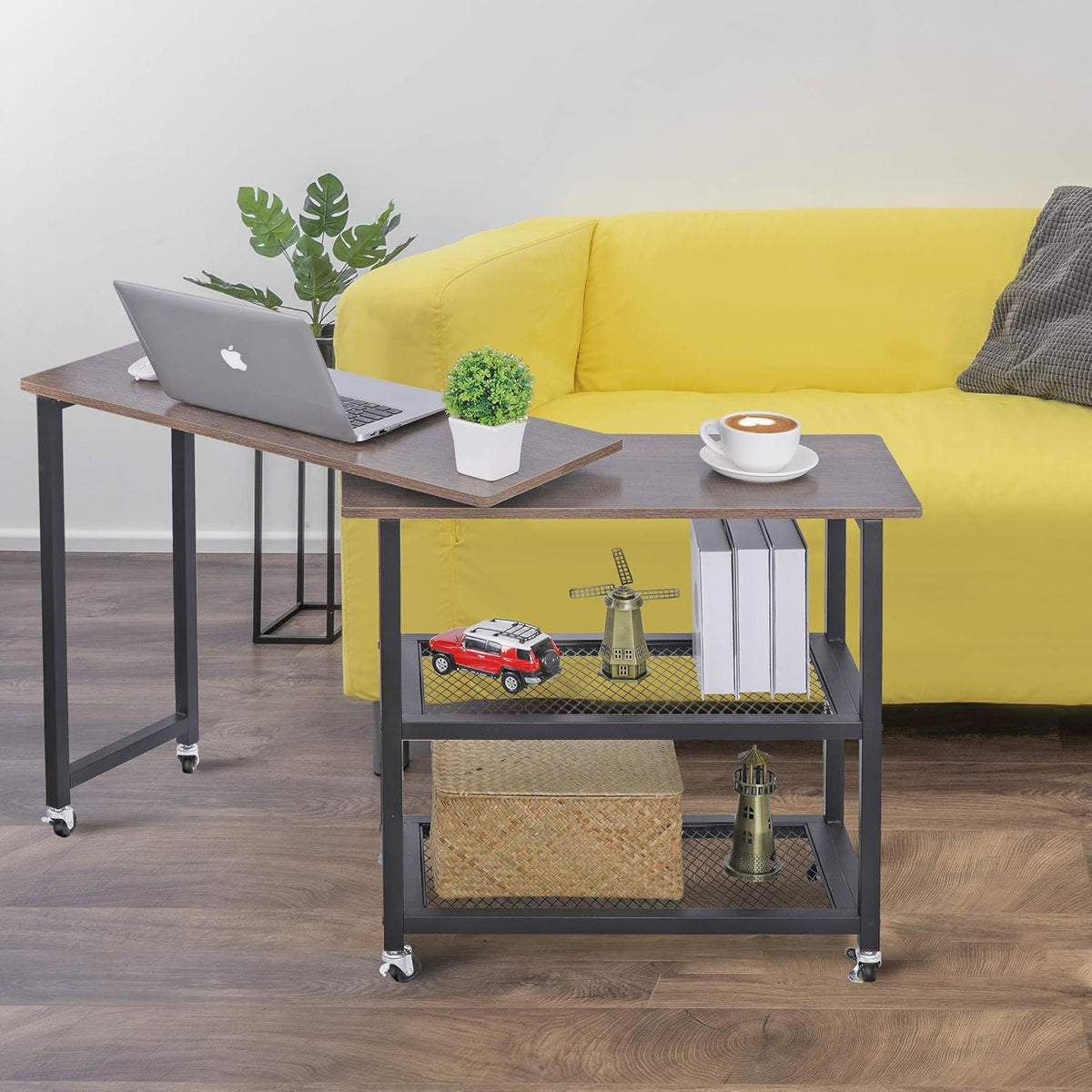 360° Rotating Sofa Side Table with 2-Tier Steel Storage Shelves Grey G77570