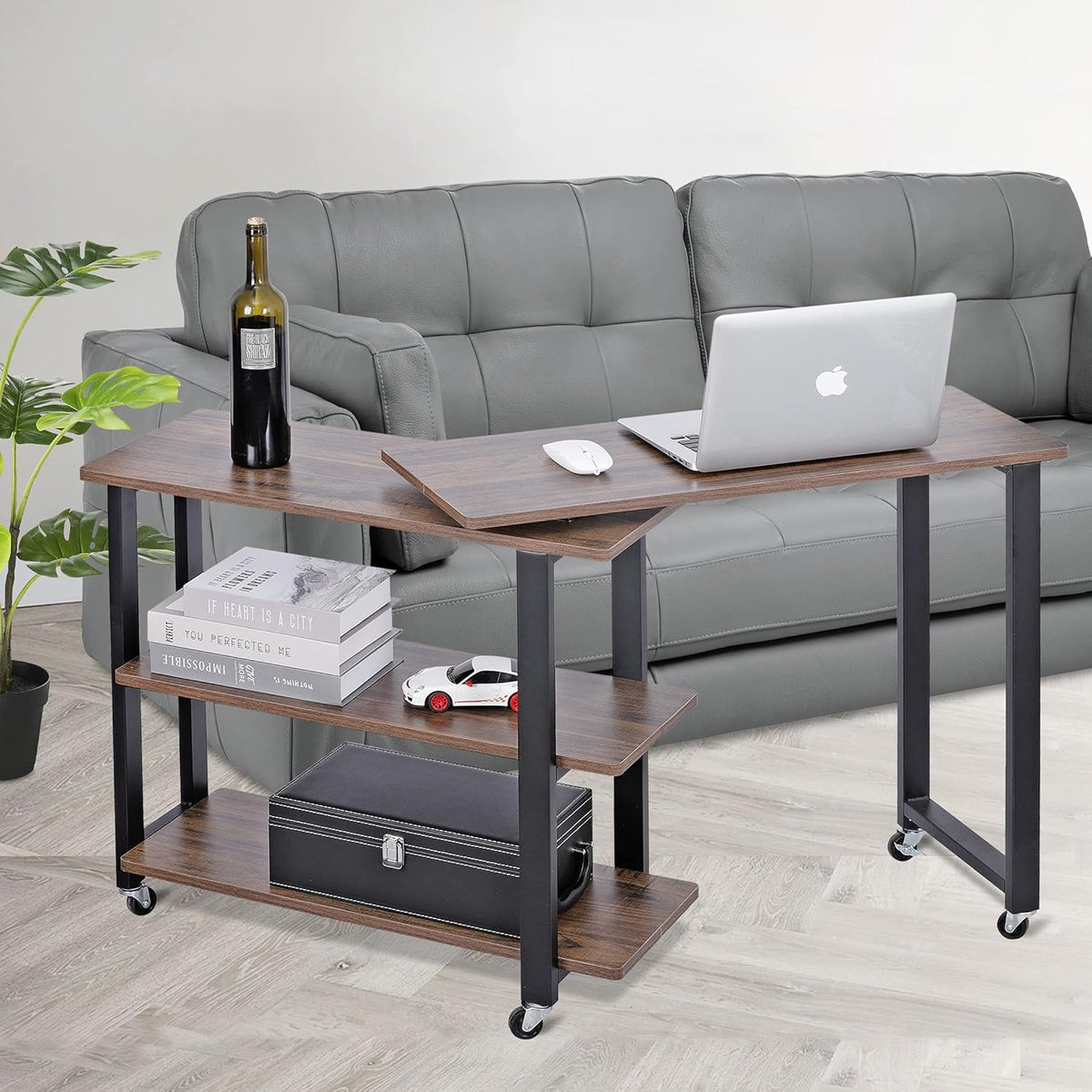 360° Rotating Sofa Side Table with 2-Tier Steel Storage Shelves Grey G77570