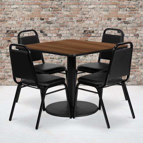 36'' Square Table Set with Round Base and 4 Banquet Chairs H293