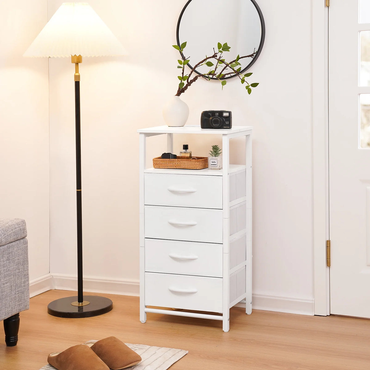 Night Stand with Charging Station, 4 Fabric Drawers and Storage Shelf Y69420