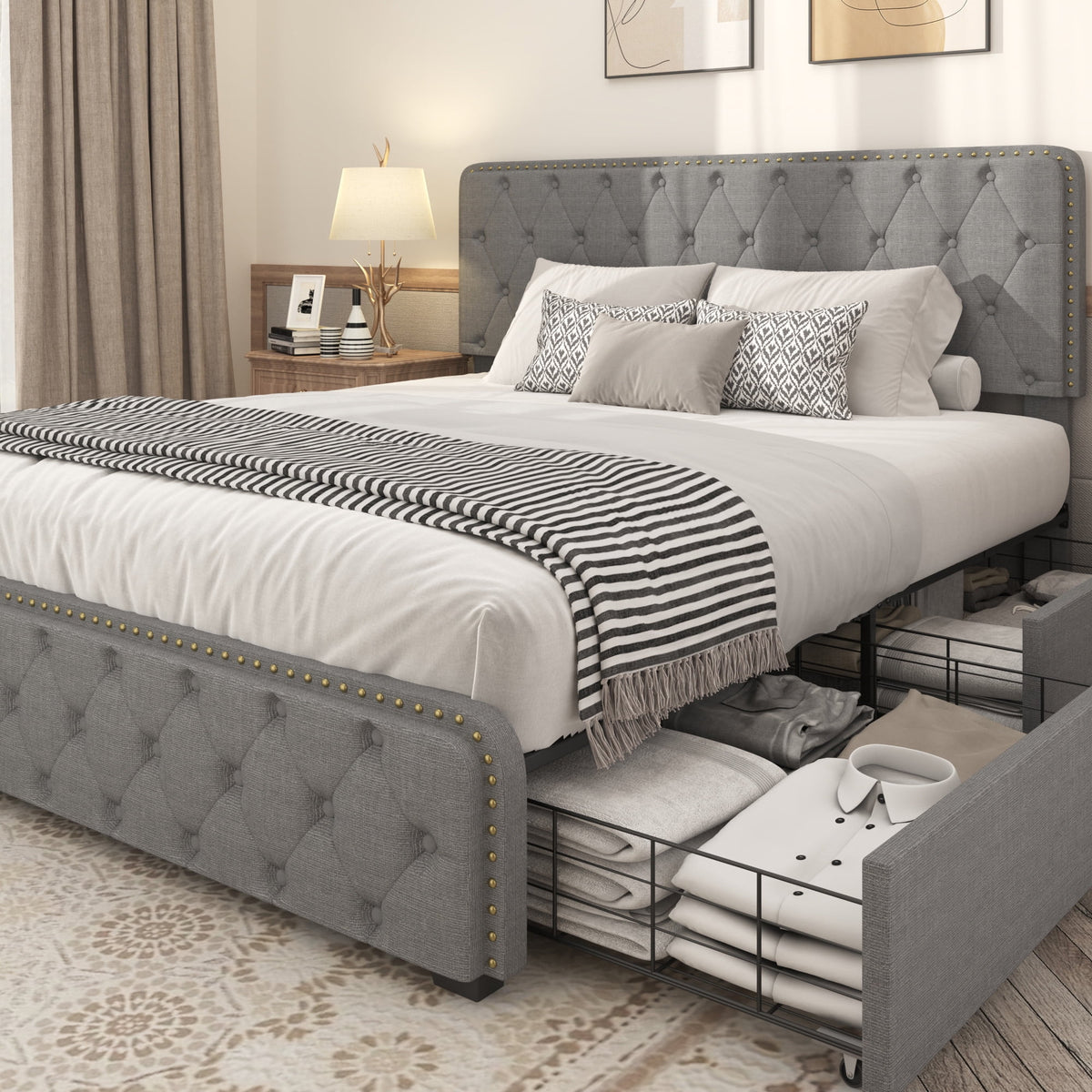 Queen Size Platform Bed Frame with 4 Storage Drawers and Upholstered Headboard, Dark Grey E324