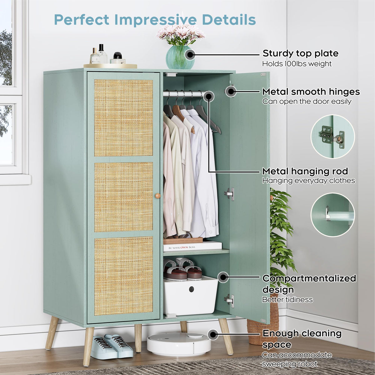 55" Wood Armoire Wardrobe Closet with Rattan Doors L37875