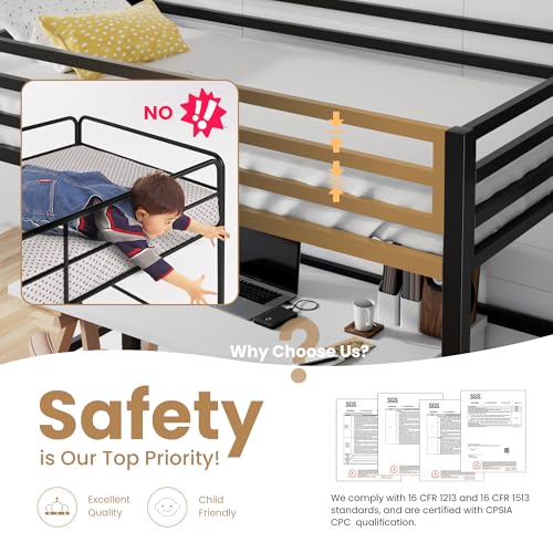 Twin Size Black Metal Loft Bed with Ladder and Guardrail A474