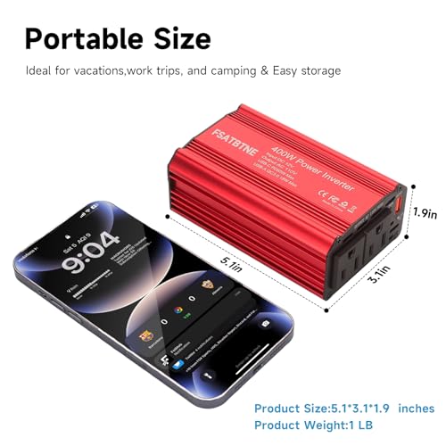 400W Power Inverter, DC 12V to 110V AC Car Plug Adapter Outlet Converter with USB-C & USB-A Fast Charging Ports and 2 AC Outlets O46408