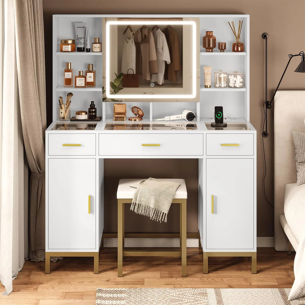 White Vanity Set with Lighted Mirror and Charging Station N94142