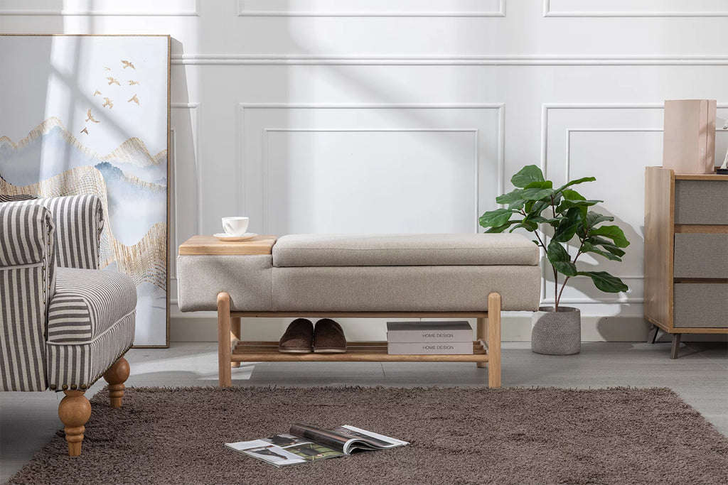 Beige Linen Storage Bench with Shoe Rack E948