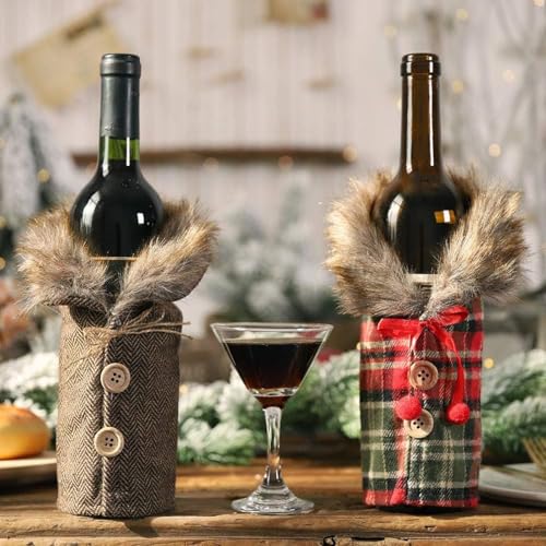 4Pcs Christmas Wine Bottle Cover Linen Plaid U74025