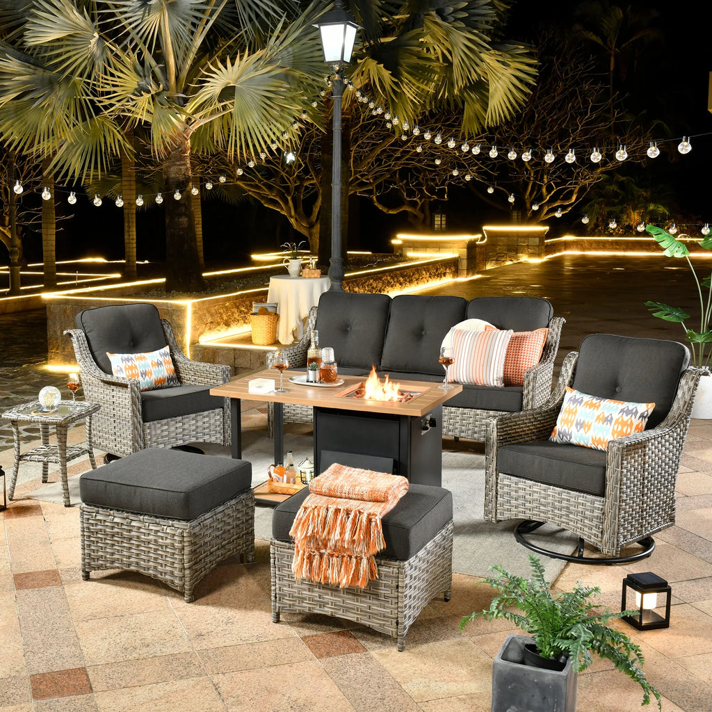 7 Pieces All Weather Wicker Patio Furniture with Fire Pit T846611