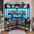 Black Corner Computer Desk with Hutch and LED Lights U84354