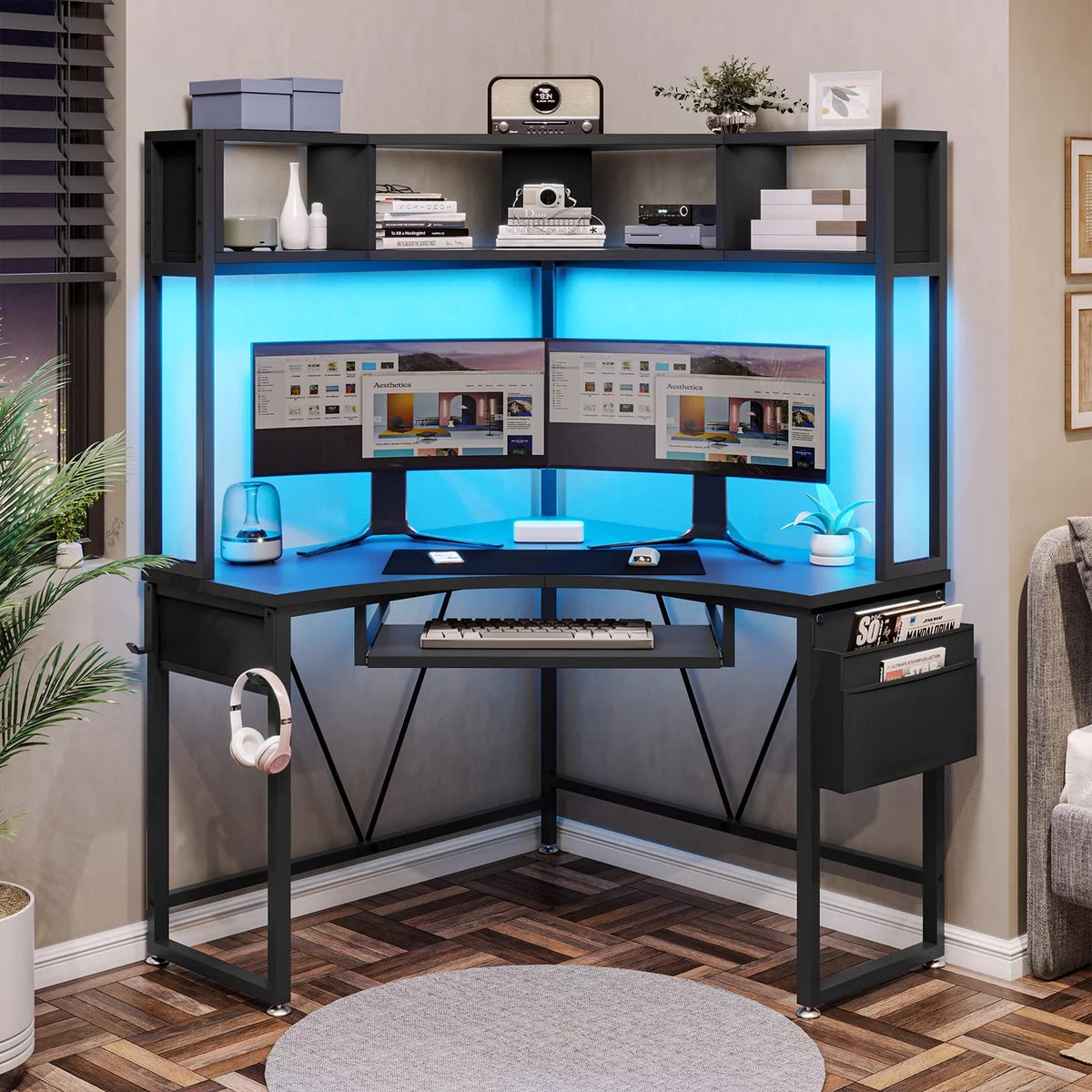 Black Corner Computer Desk with Hutch and LED Lights U84354