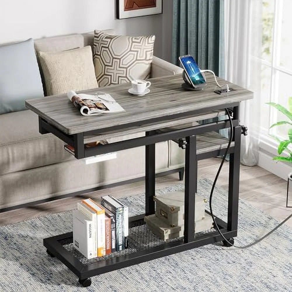 Small Portable Height Adjustable Desk with Power Outlet and Wheels D778425