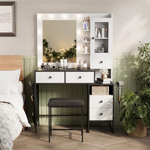 White Makeup Vanity Desk with Mirror and Lights O35045