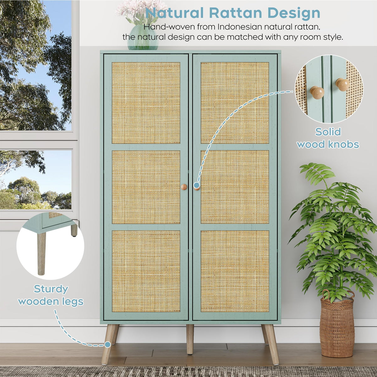 55" Wood Armoire Wardrobe Closet with Rattan Doors L37875