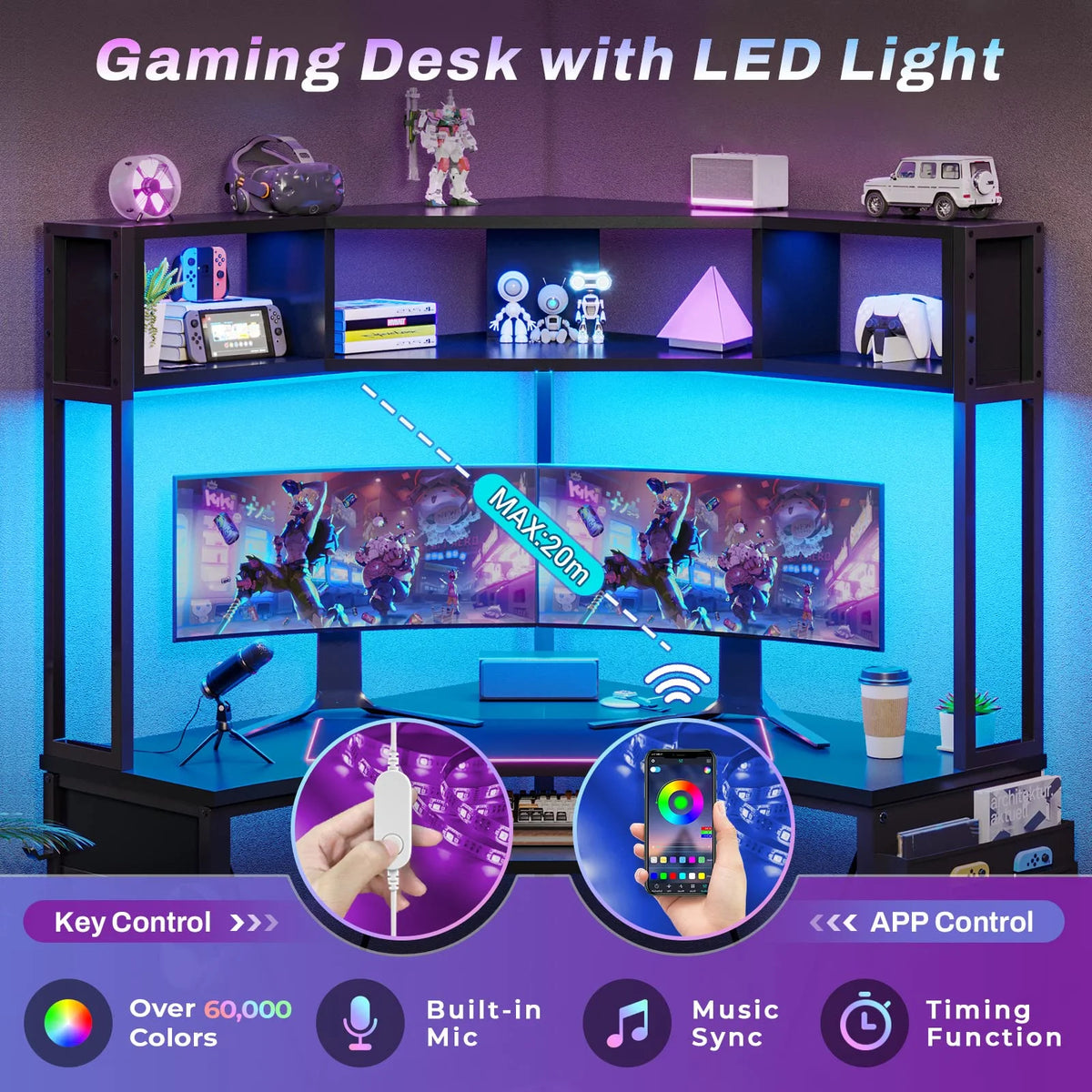 Black Corner Computer Desk with Hutch and LED Lights U84354