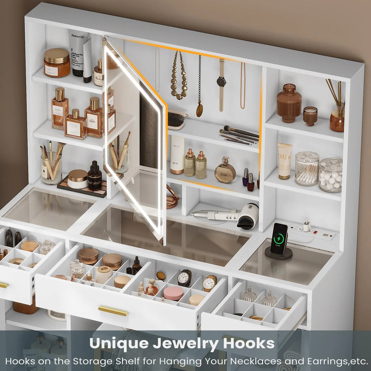 White Vanity Set with Lighted Mirror and Charging Station N94142