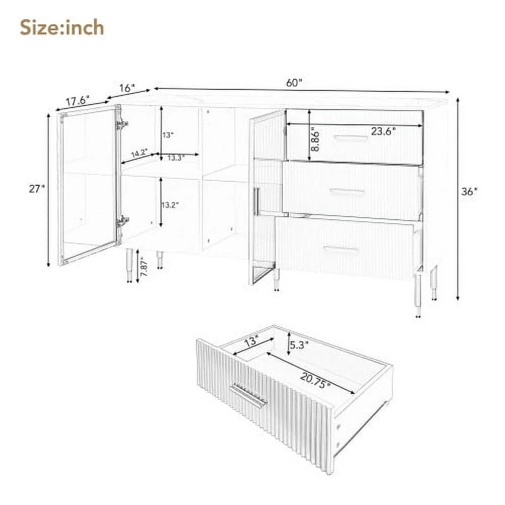 Modern MDF Buffet Cabinet with Marble Sticker Tabletop and Tempered Glass Doors H284