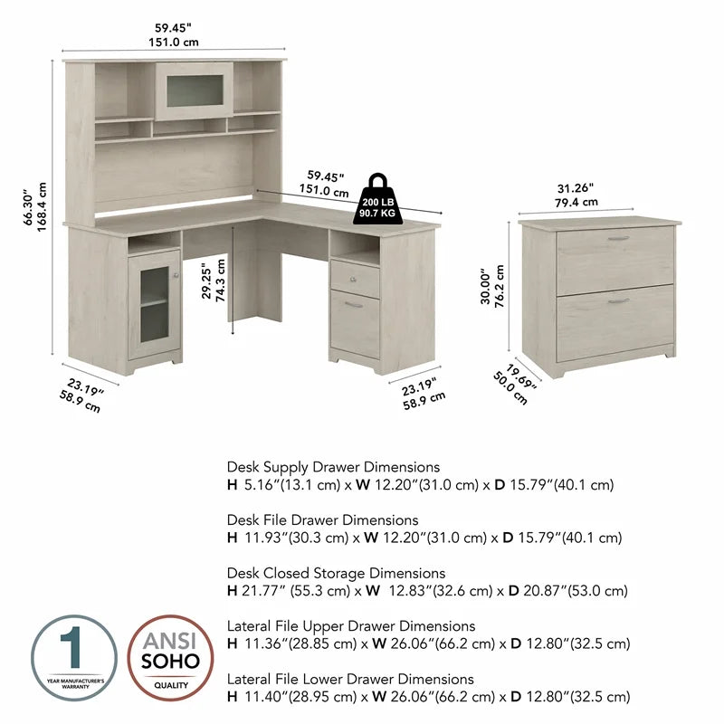 Linen White Oak L Desk with Hutch and File Cabinet O1395