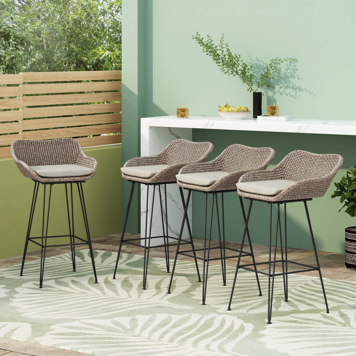 Wicker and Metal Outdoor Barstools with Cushion, Set of 4 I695929
