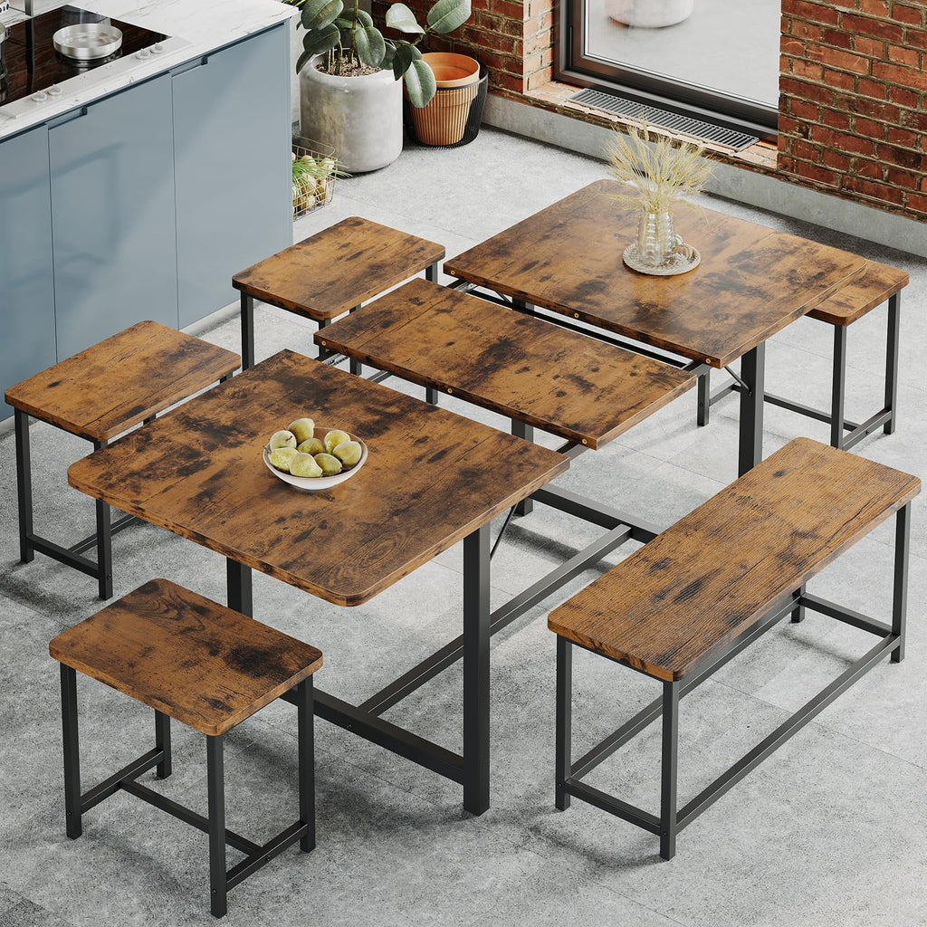 6 Piece Extendable Dining Table Set with Bench and 4 Stools O7265